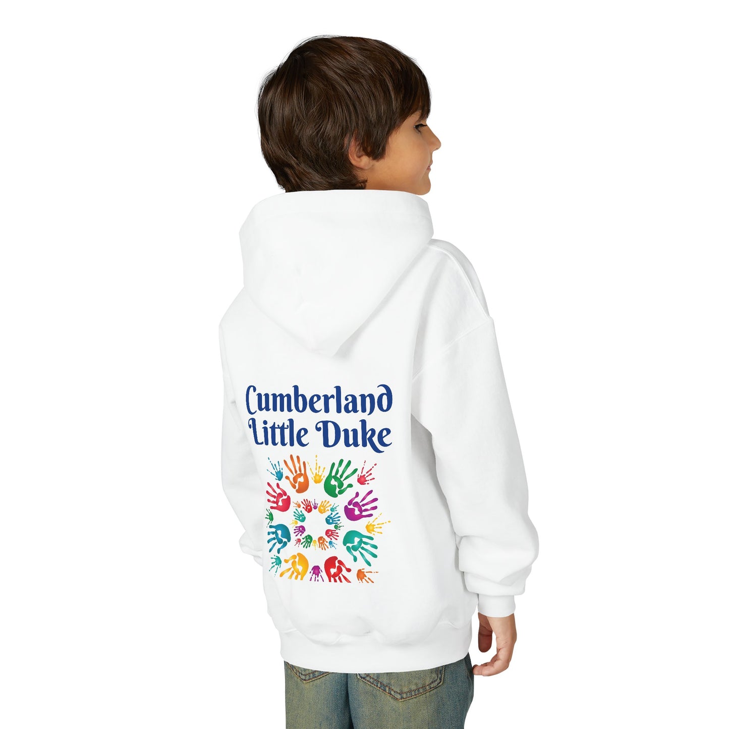 Youth Hoodie — "Cumberland Little Duke" Kids Pullover with Colorful Handprint Design