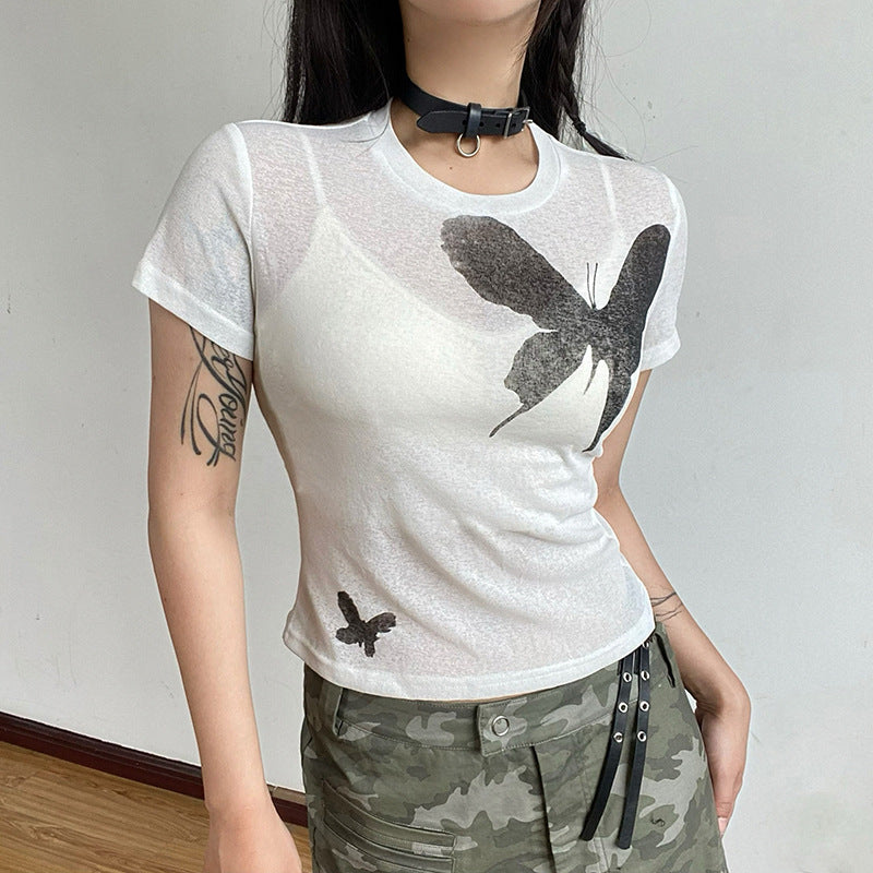 Vintage butterfly print slim round neck short sleeve T-shirt top female 2022 autumn Europe and the United States street foreign trade INS new