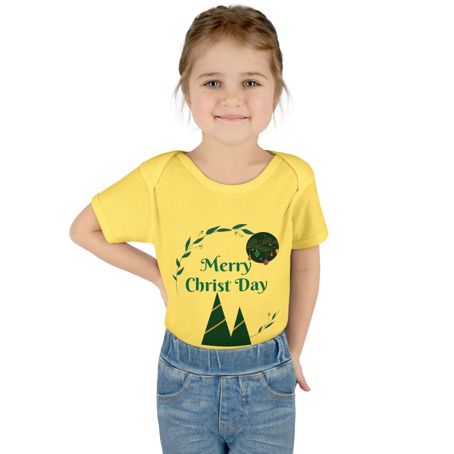 Infant Bodysuit - "Merry Christ Day" Holiday Baby Onesie with Green Wreath & Mountain Design
