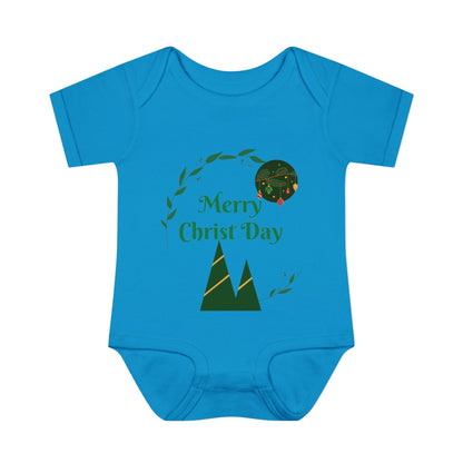 Infant Bodysuit - "Merry Christ Day" Holiday Baby Onesie with Green Wreath & Mountain Design