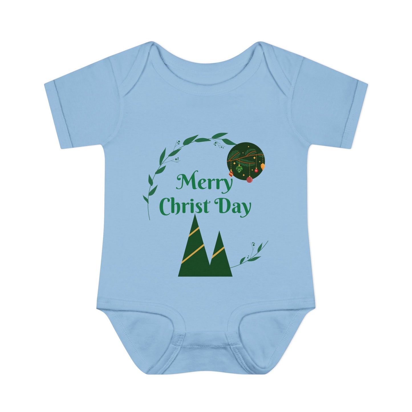 Infant Bodysuit - "Merry Christ Day" Holiday Baby Onesie with Green Wreath & Mountain Design