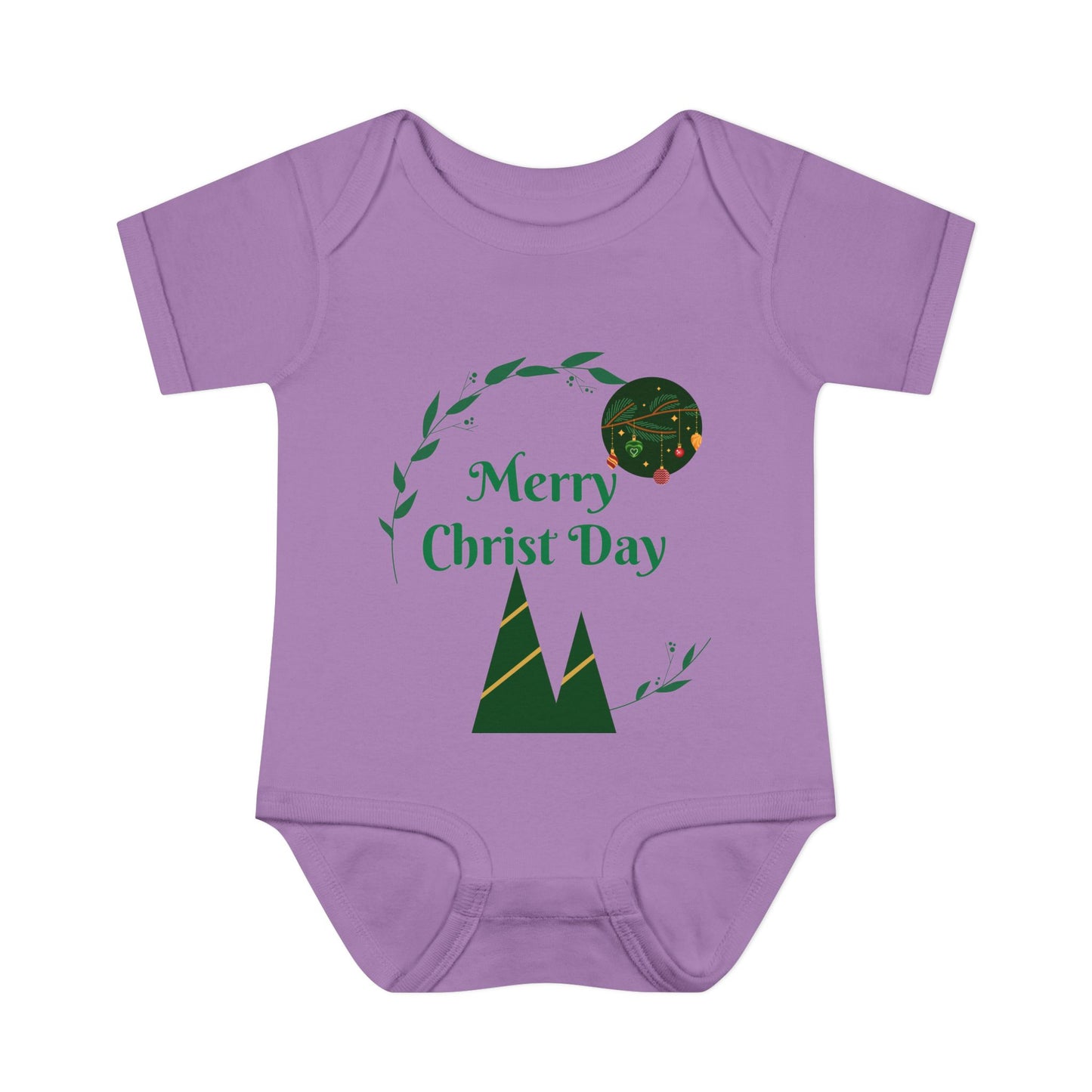 Infant Bodysuit - "Merry Christ Day" Holiday Baby Onesie with Green Wreath & Mountain Design