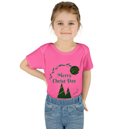 Infant Bodysuit - "Merry Christ Day" Holiday Baby Onesie with Green Wreath & Mountain Design