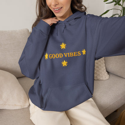 Good Vibes Hoodie — Minimal Yellow Stars Graphic Hooded Sweatshirt