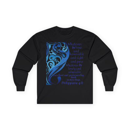 Philippians 4:8 Long Sleeve Tee — Blue Inspirational Christian Shirt