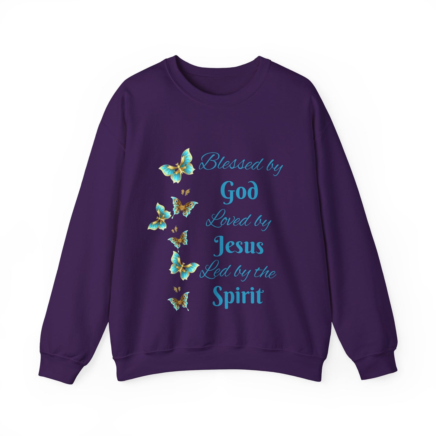 Faith Inspirational Sweatshirt — "Blessed by God, Loved by Jesus, Led by the Spirit" with Butterfly Design
