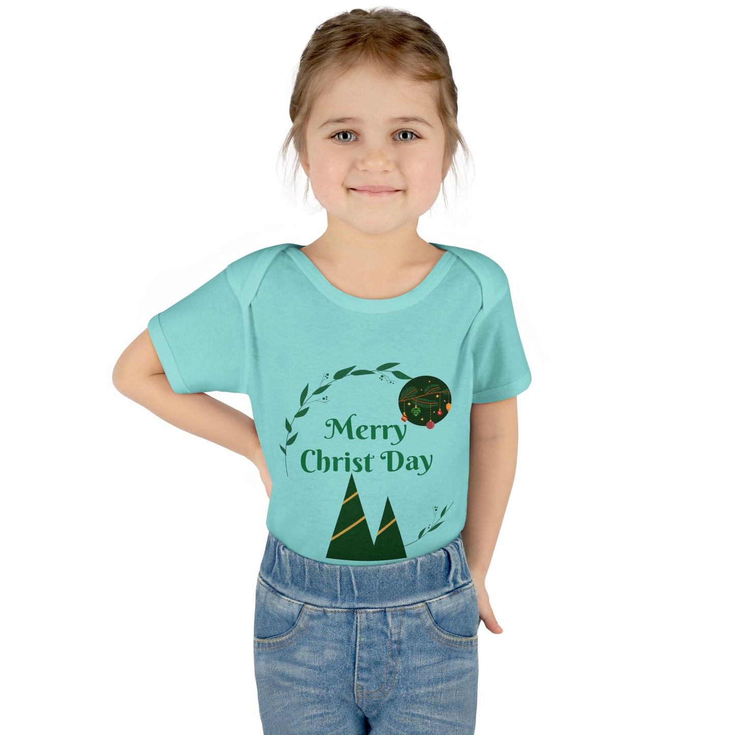 Infant Bodysuit - "Merry Christ Day" Holiday Baby Onesie with Green Wreath & Mountain Design