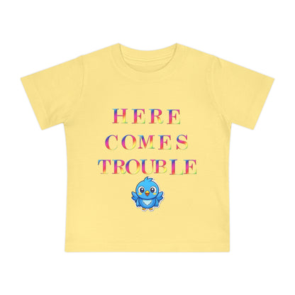 Baby T-Shirt “Here Comes Trouble” Cute Blue Bird