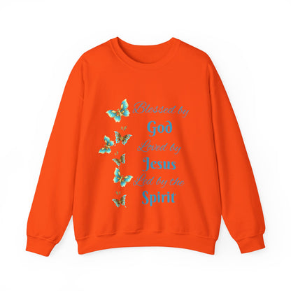 Faith Inspirational Sweatshirt — "Blessed by God, Loved by Jesus, Led by the Spirit" with Butterfly Design