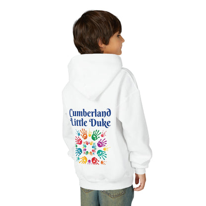Youth Hoodie — "Cumberland Little Duke" Kids Pullover with Colorful Handprint Design