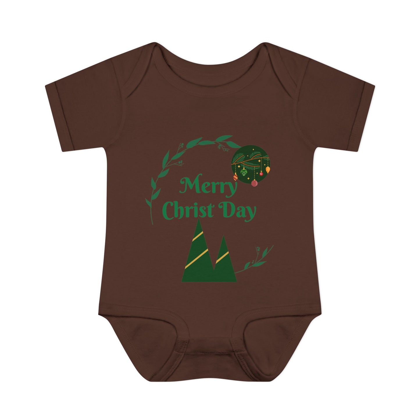 Infant Bodysuit - "Merry Christ Day" Holiday Baby Onesie with Green Wreath & Mountain Design