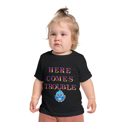 Baby T-Shirt “Here Comes Trouble” Cute Blue Bird