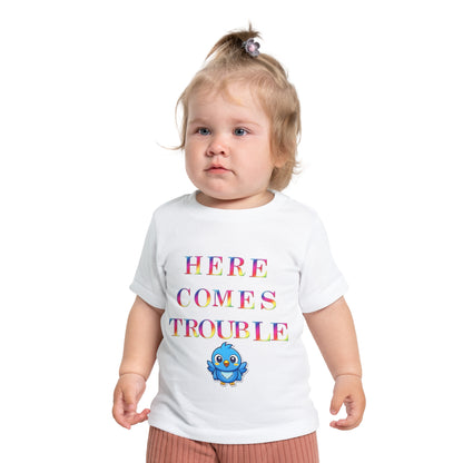 Baby T-Shirt “Here Comes Trouble” Cute Blue Bird