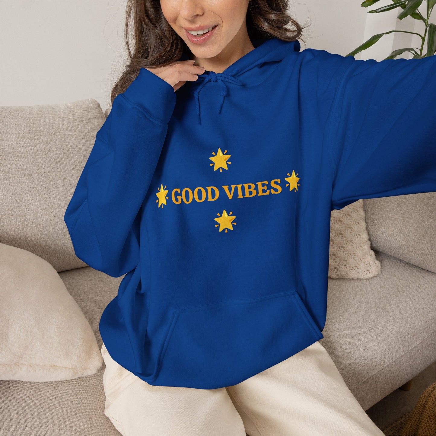 Good Vibes Hoodie — Minimal Yellow Stars Graphic Hooded Sweatshirt