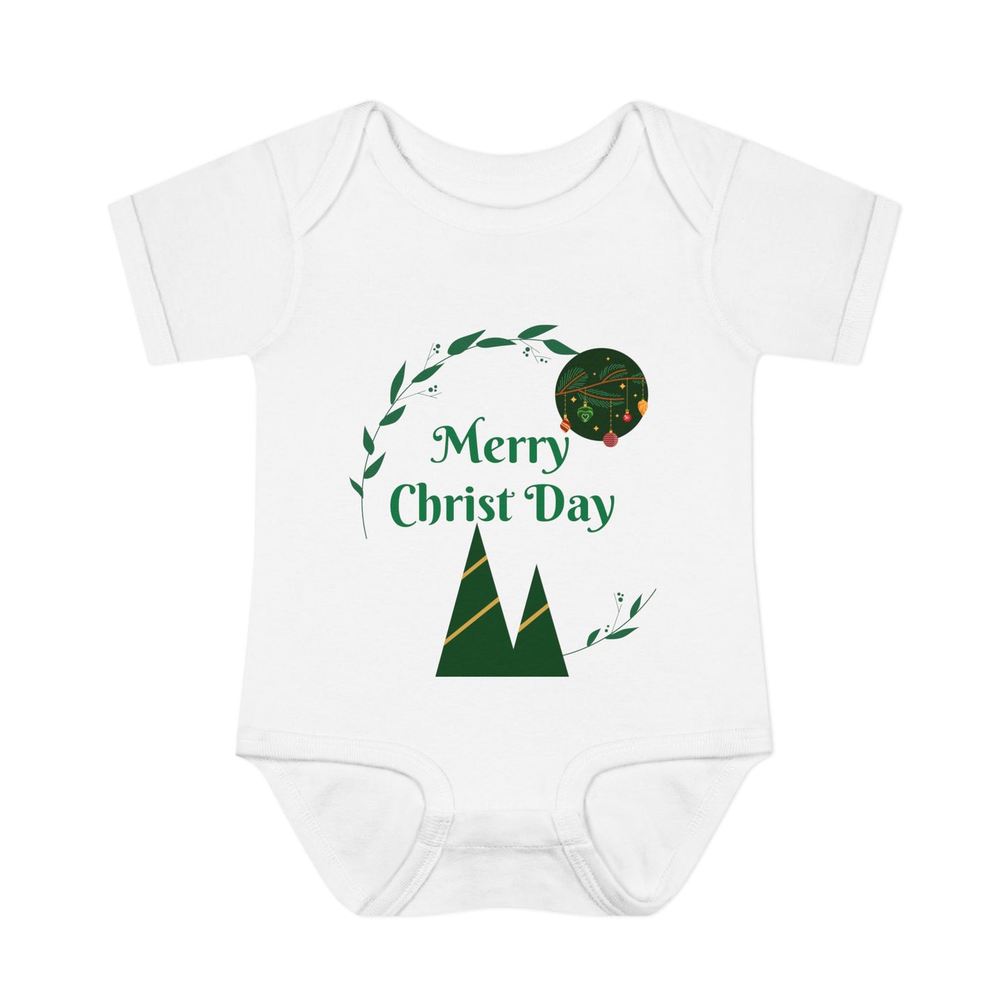 Infant Bodysuit - "Merry Christ Day" Holiday Baby Onesie with Green Wreath & Mountain Design