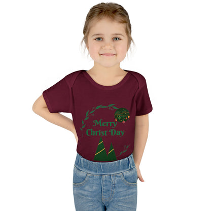 Infant Bodysuit - "Merry Christ Day" Holiday Baby Onesie with Green Wreath & Mountain Design