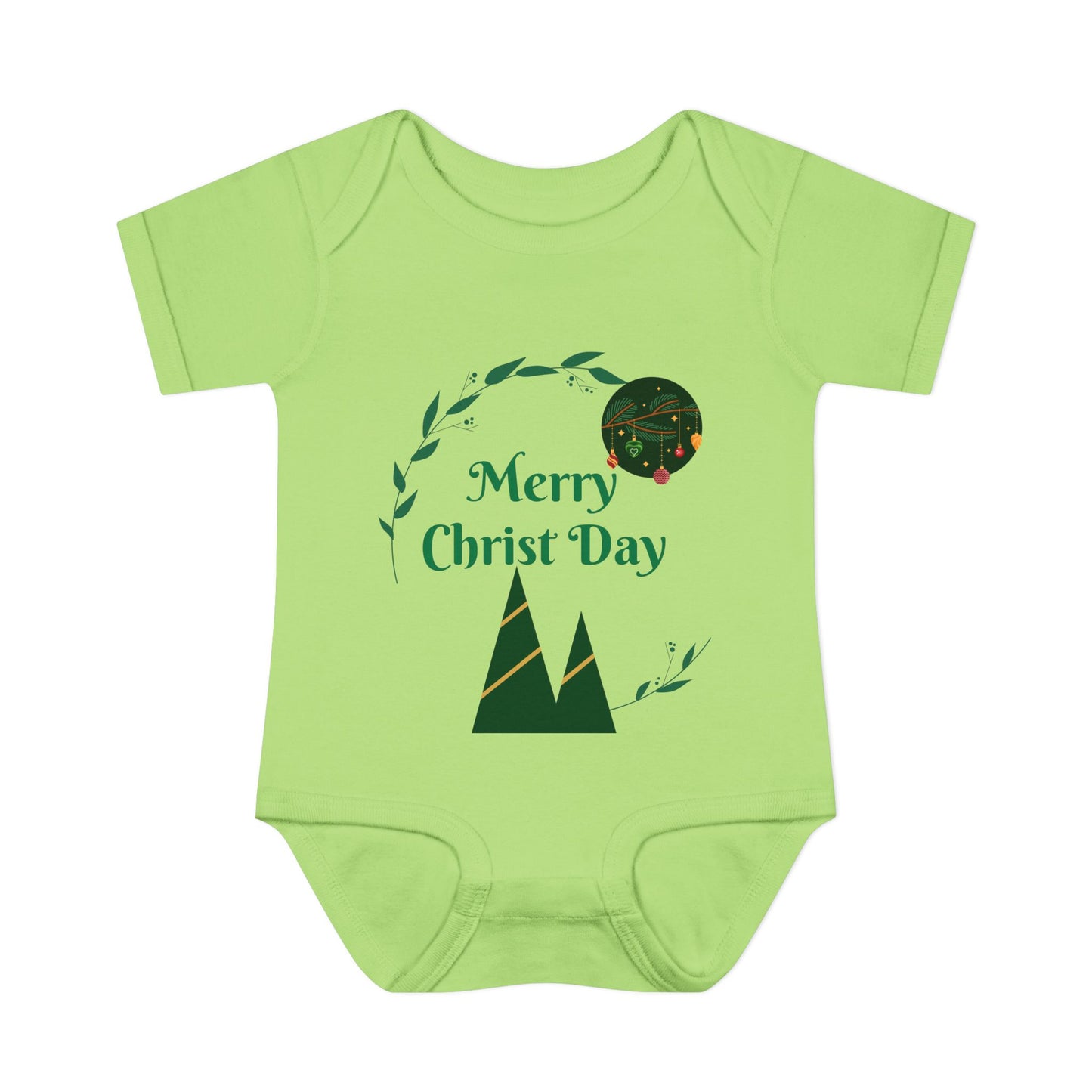 Infant Bodysuit - "Merry Christ Day" Holiday Baby Onesie with Green Wreath & Mountain Design