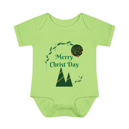 Infant Bodysuit - "Merry Christ Day" Holiday Baby Onesie with Green Wreath & Mountain Design