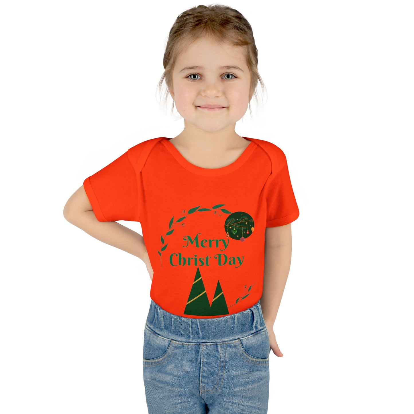 Infant Bodysuit - "Merry Christ Day" Holiday Baby Onesie with Green Wreath & Mountain Design