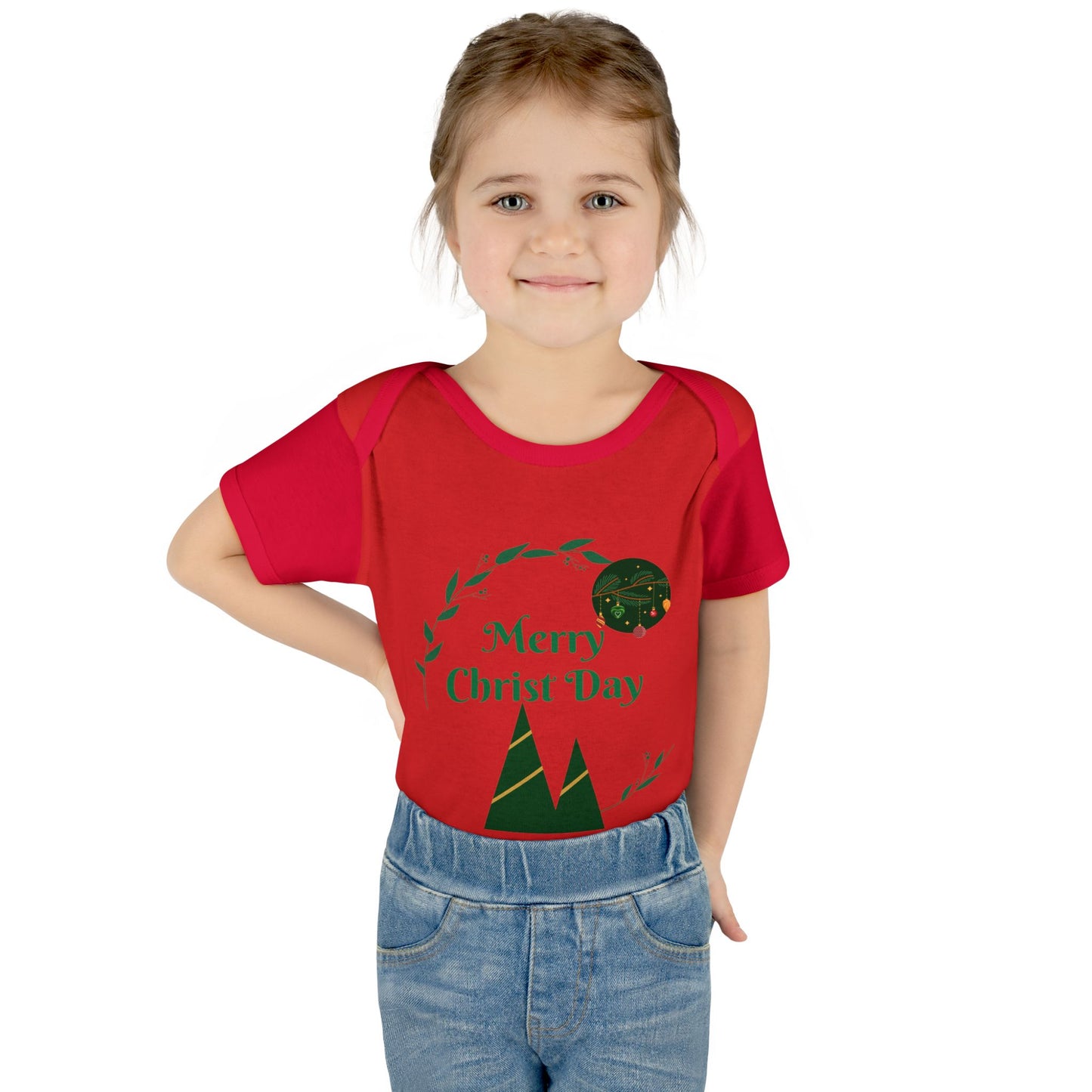 Infant Bodysuit - "Merry Christ Day" Holiday Baby Onesie with Green Wreath & Mountain Design