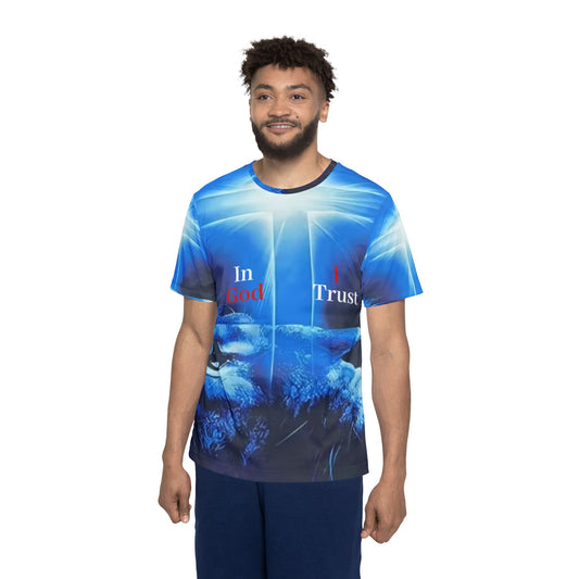 Faith Lion Sports Jersey — "In God I Trust" Blue All-Over Print Tee