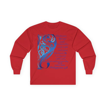 Philippians 4:8 Long Sleeve Tee — Blue Inspirational Christian Shirt