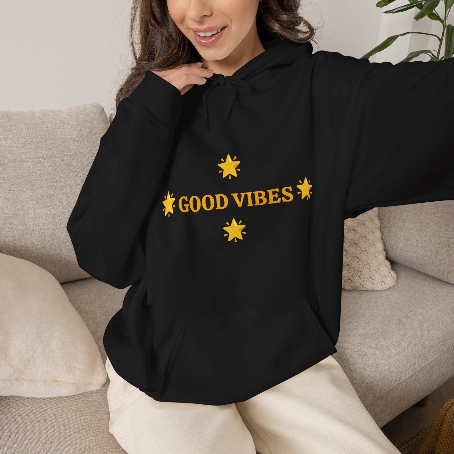 Good Vibes Hoodie — Minimal Yellow Stars Graphic Hooded Sweatshirt
