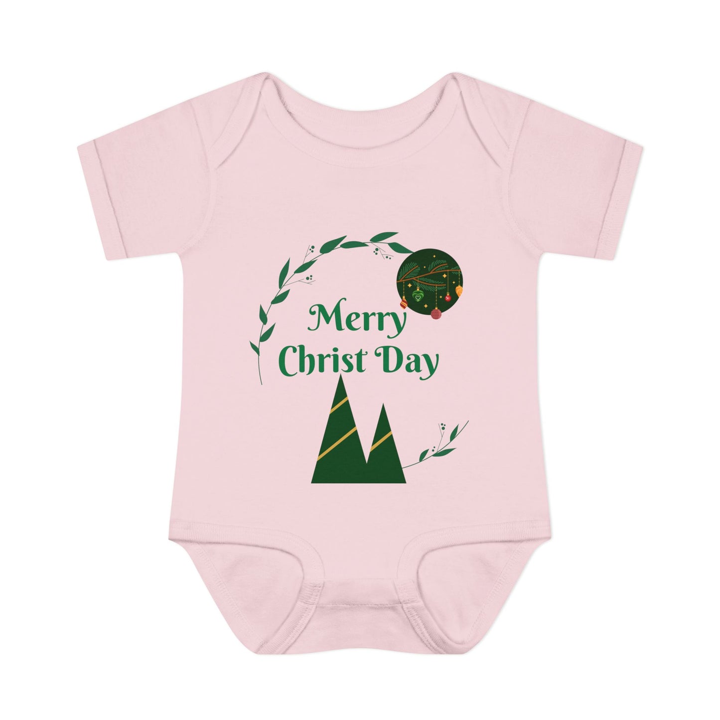 Infant Bodysuit - "Merry Christ Day" Holiday Baby Onesie with Green Wreath & Mountain Design