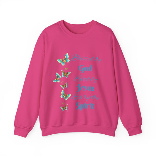 Faith Inspirational Sweatshirt — "Blessed by God, Loved by Jesus, Led by the Spirit" with Butterfly Design