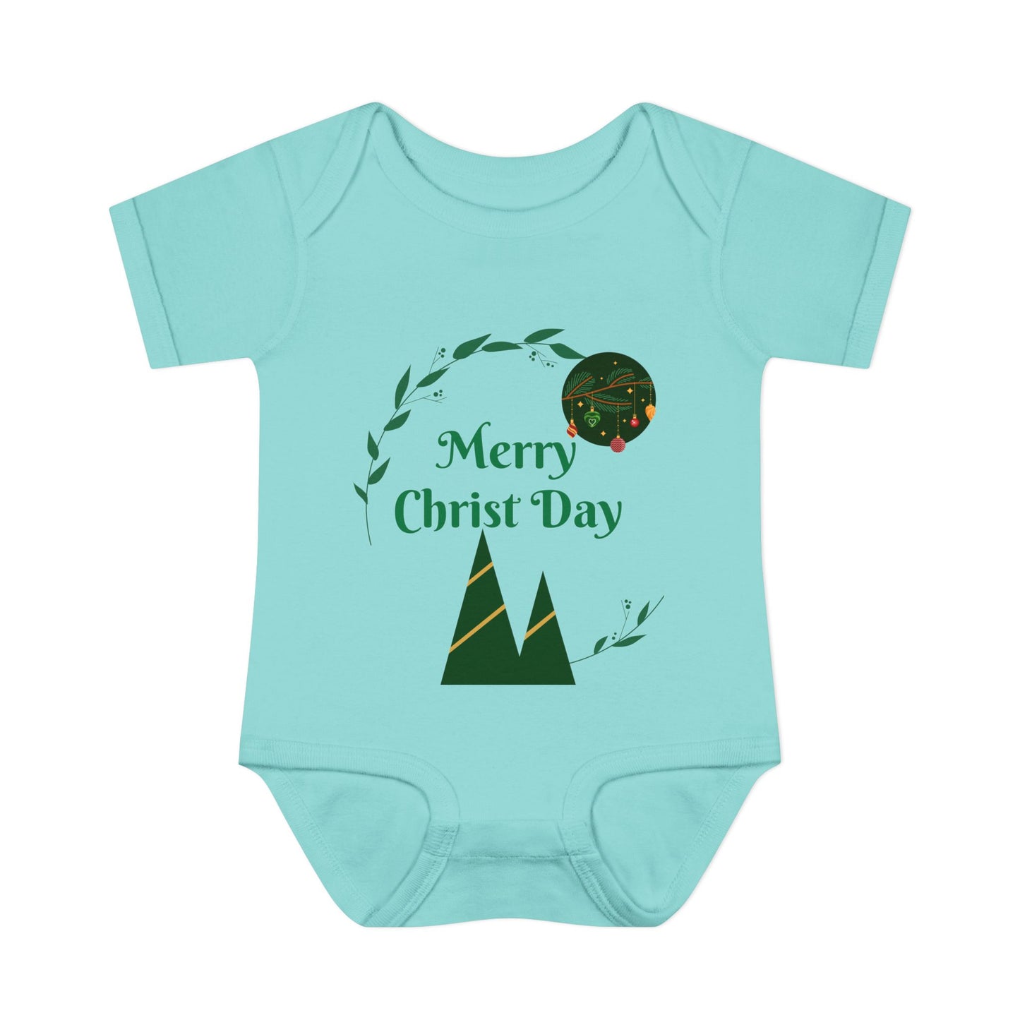 Infant Bodysuit - "Merry Christ Day" Holiday Baby Onesie with Green Wreath & Mountain Design