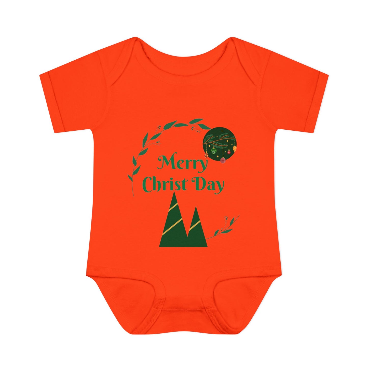 Infant Bodysuit - "Merry Christ Day" Holiday Baby Onesie with Green Wreath & Mountain Design
