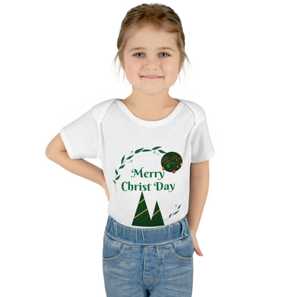 Infant Bodysuit - "Merry Christ Day" Holiday Baby Onesie with Green Wreath & Mountain Design
