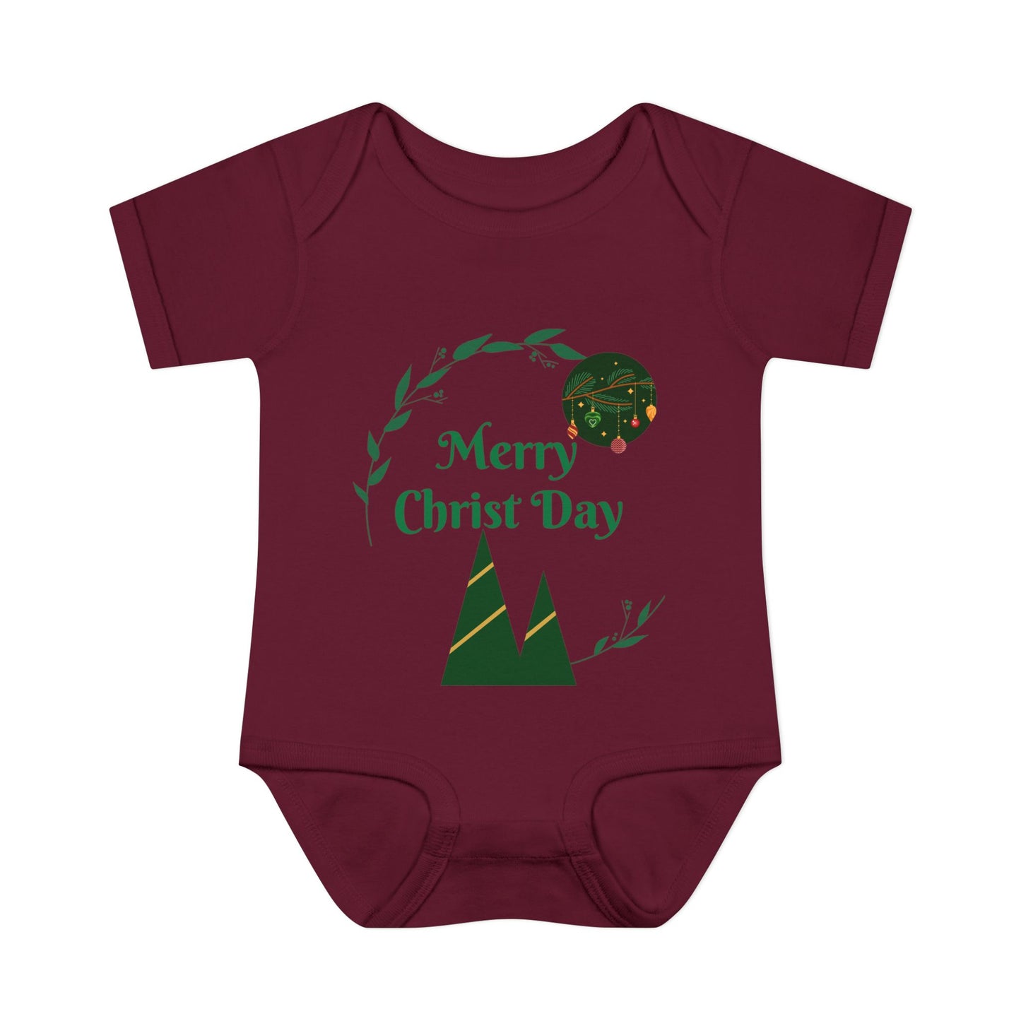 Infant Bodysuit - "Merry Christ Day" Holiday Baby Onesie with Green Wreath & Mountain Design