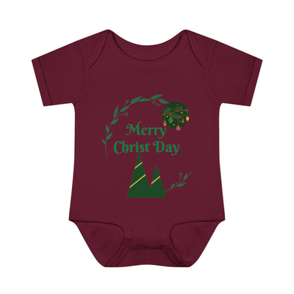 Infant Bodysuit - "Merry Christ Day" Holiday Baby Onesie with Green Wreath & Mountain Design