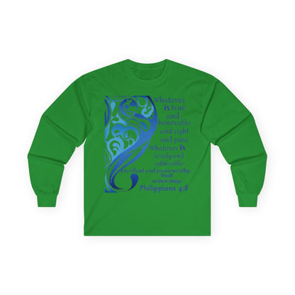 Philippians 4:8 Long Sleeve Tee — Blue Inspirational Christian Shirt