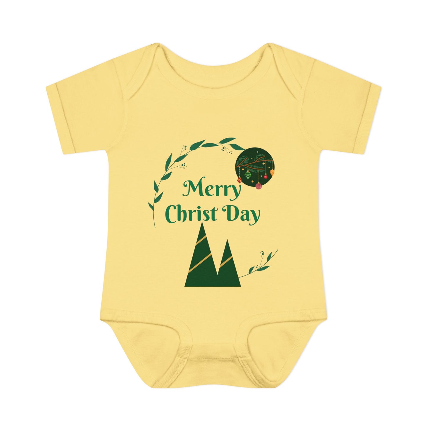 Infant Bodysuit - "Merry Christ Day" Holiday Baby Onesie with Green Wreath & Mountain Design