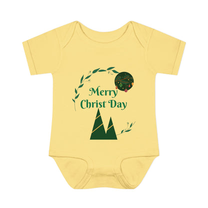 Infant Bodysuit - "Merry Christ Day" Holiday Baby Onesie with Green Wreath & Mountain Design
