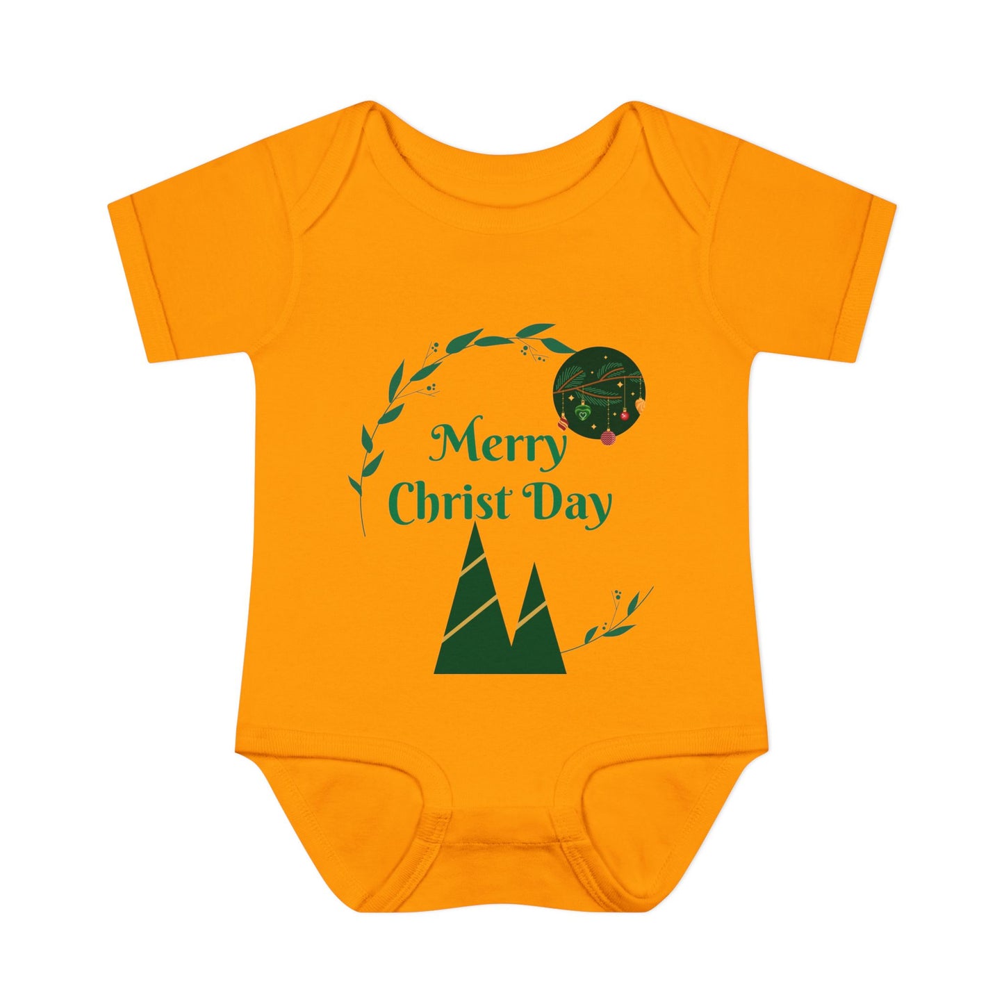 Infant Bodysuit - "Merry Christ Day" Holiday Baby Onesie with Green Wreath & Mountain Design