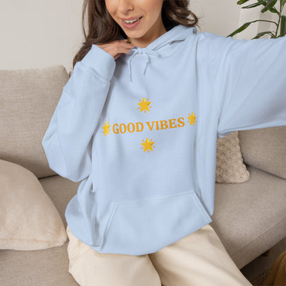 Good Vibes Hoodie — Minimal Yellow Stars Graphic Hooded Sweatshirt