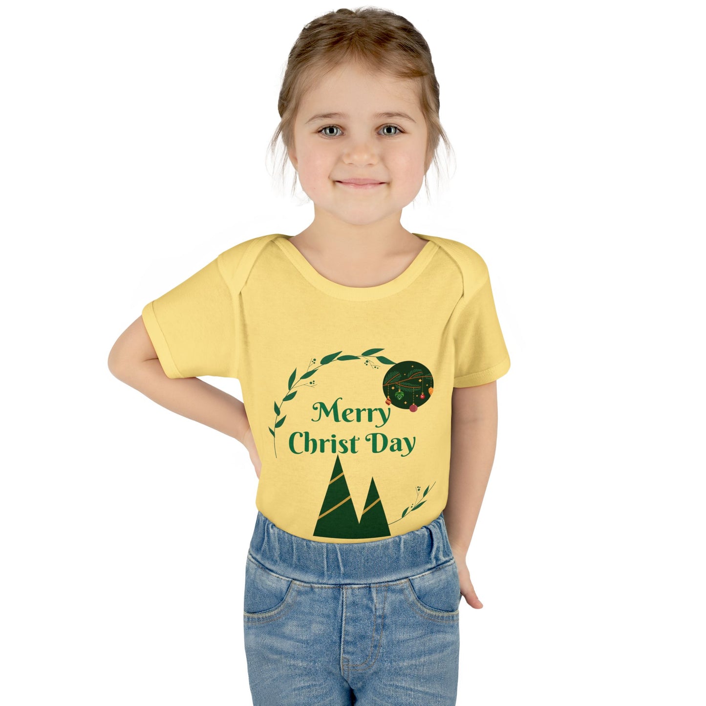 Infant Bodysuit - "Merry Christ Day" Holiday Baby Onesie with Green Wreath & Mountain Design