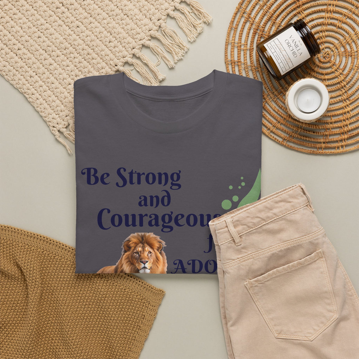 Lion Scripture Tee — "Be Strong and Courageous for Adonai" Joshua 1:9