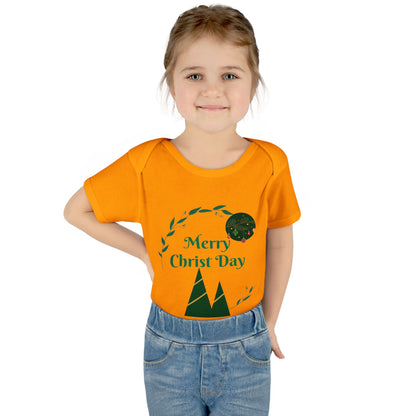 Infant Bodysuit - "Merry Christ Day" Holiday Baby Onesie with Green Wreath & Mountain Design