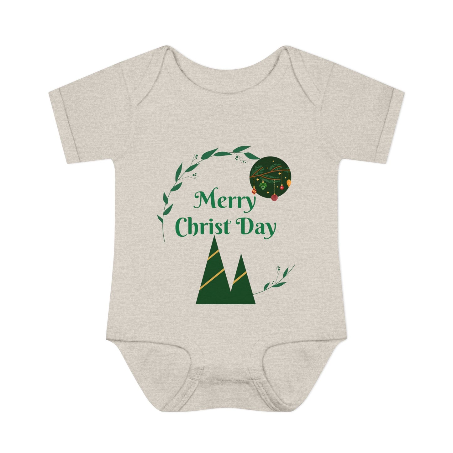 Infant Bodysuit - "Merry Christ Day" Holiday Baby Onesie with Green Wreath & Mountain Design