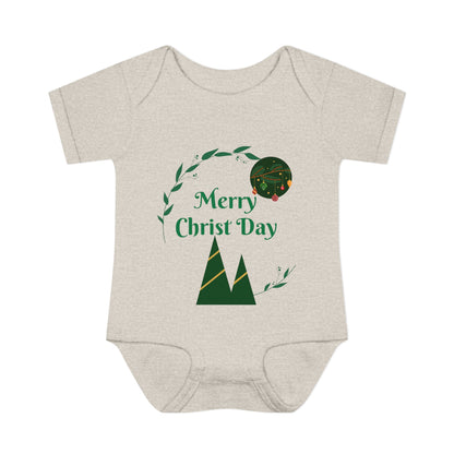 Infant Bodysuit - "Merry Christ Day" Holiday Baby Onesie with Green Wreath & Mountain Design