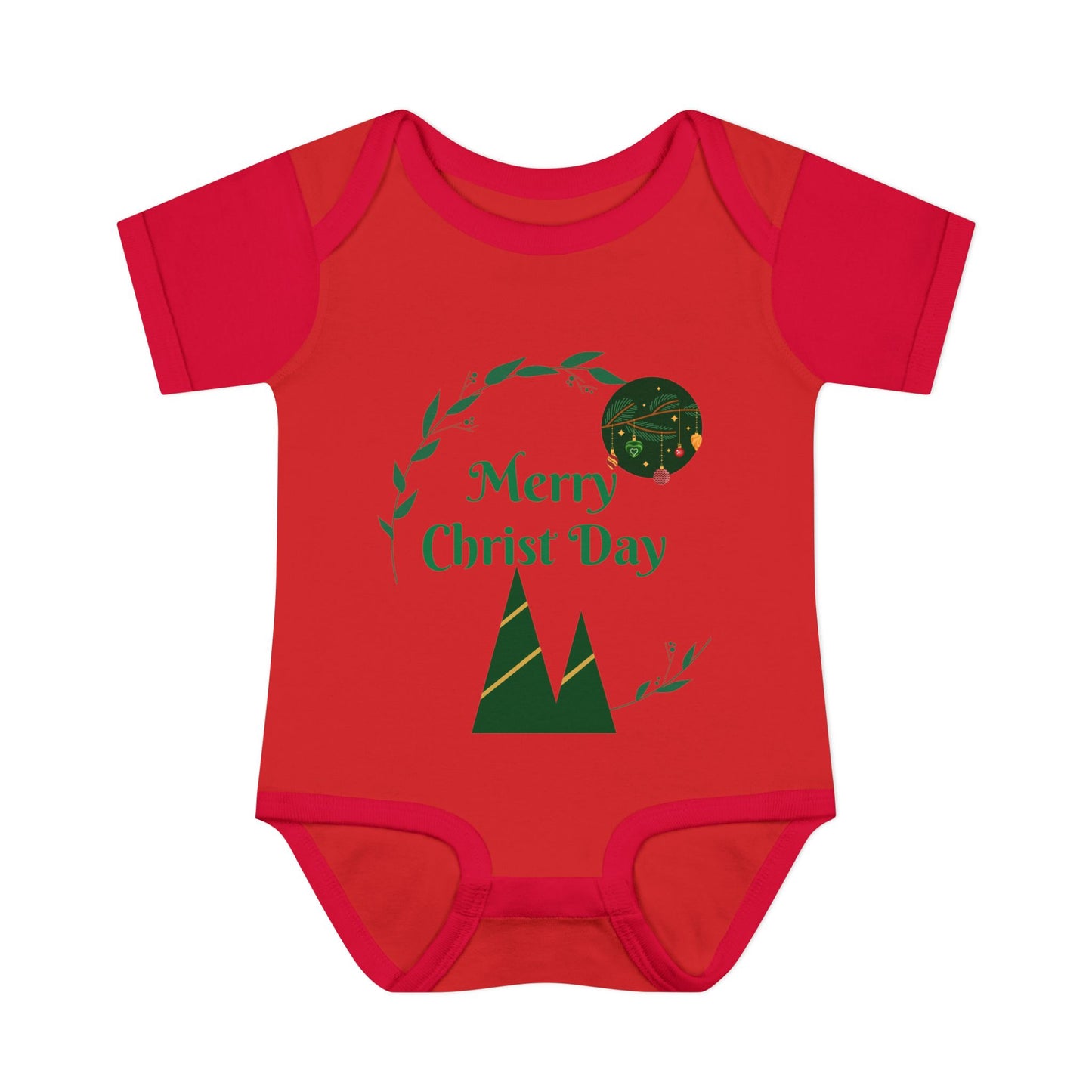 Infant Bodysuit - "Merry Christ Day" Holiday Baby Onesie with Green Wreath & Mountain Design