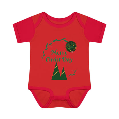 Infant Bodysuit - "Merry Christ Day" Holiday Baby Onesie with Green Wreath & Mountain Design