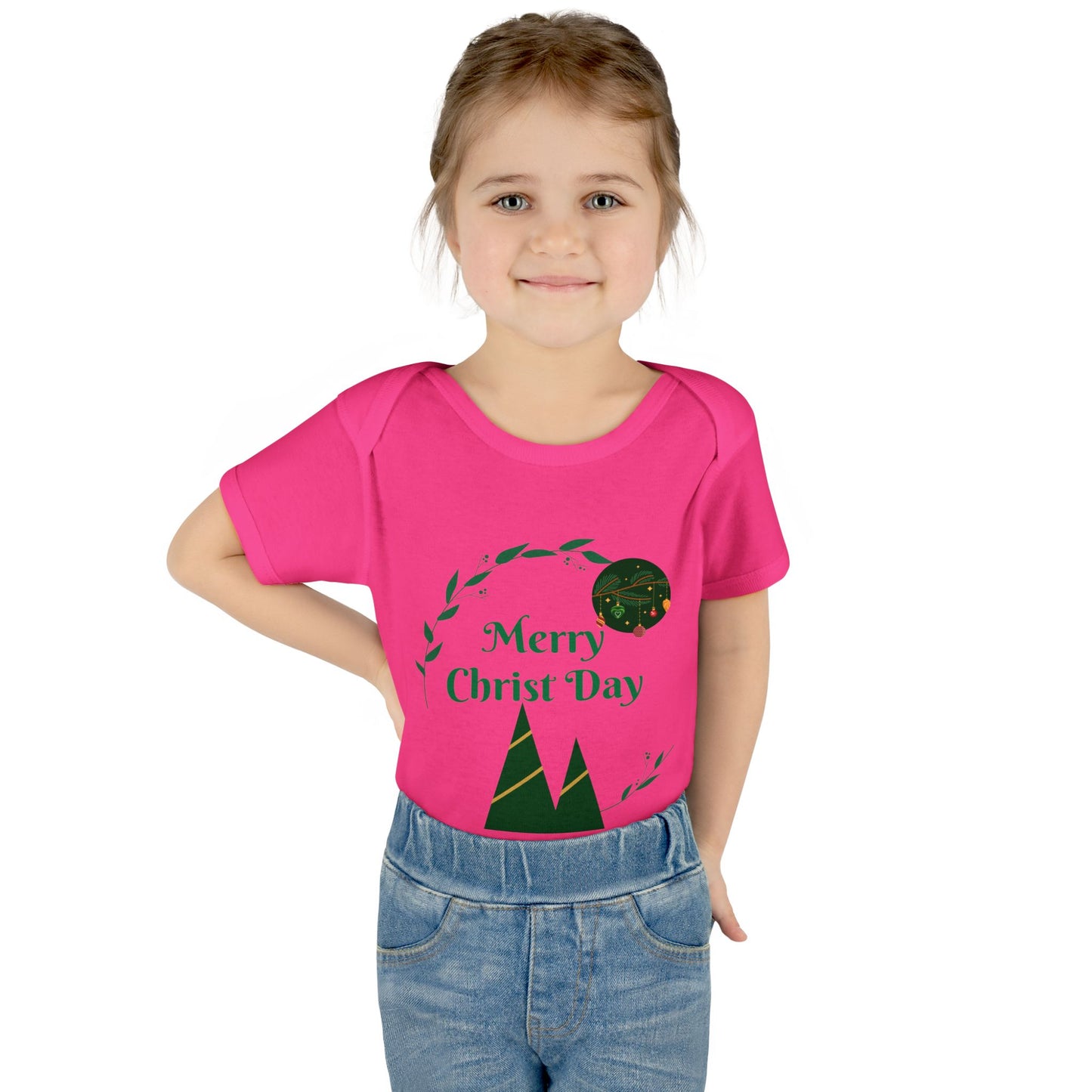 Infant Bodysuit - "Merry Christ Day" Holiday Baby Onesie with Green Wreath & Mountain Design