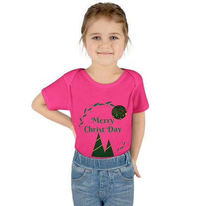 Infant Bodysuit - "Merry Christ Day" Holiday Baby Onesie with Green Wreath & Mountain Design