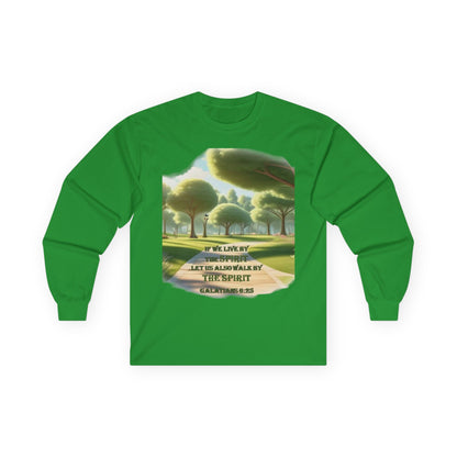 Long Sleeve Tee — "If We Live By the Spirit" Nature Graphic