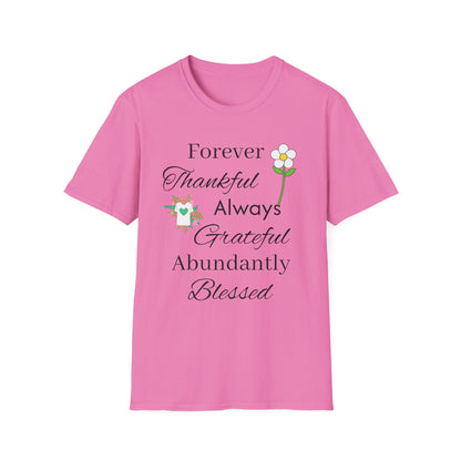 Thankful Always Grateful Blessed T-Shirt — Inspirational Floral Faith Tee